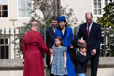 The Prince of Wales and Catherine, The Princess of Wales, Prince George, Princess Charlotte and Prince Louis lare greeted by David Connor, The Dean of Windsor after the Easter Morning Service at St George's Chapel at Windsor Castle this morning
British Royal Family, Easter Morning Service, Windsor, Berkshire, UK - 09 Apr 2023