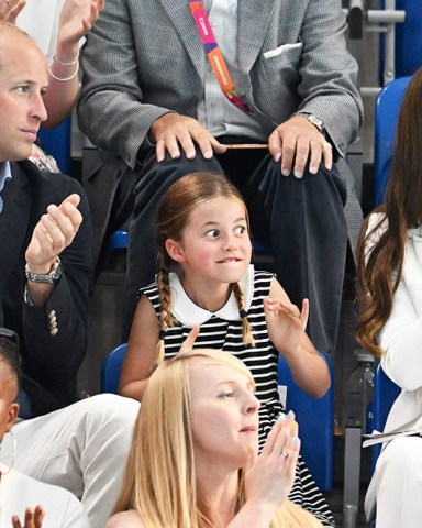 (L-R) Britain's Prince William, Princess Charlotte and Kate, Duchess of Cambridge watch on from the stands during Day 5 of the XXII Commonwealth Games at the Sandwell Aquatics Centre in Birmingham, Britain, 02 August 2022. 2022 Commonwealth Games - Day 5, Birmingham, United Kingdom - 02 Aug 2022