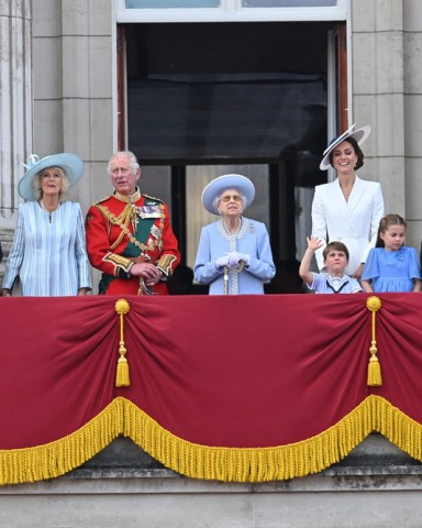 Timothy Laurence, Princess Anne, Camilla Duchess of Cornwall, Prince Charles, Queen Elizabeth II, Prince Louis, Catherine Duchess of Cambridge, Princess Charlotte, Prince George and Prince William
Trooping The Colour - The Queen's Birthday Parade, London, UK - 02 Jun 2022
The Queen, attends celebration marking her official birthday, during which she inspects troops from the Household Division as they march in Whitehall, before watching a fly-past from the balcony at Buckingham Palace. This year's event also marks The Queen's Platinum Jubilee and kicks off an extended bank holiday to celebrate the milestone.