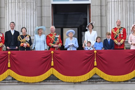 Timothy Laurence, Princess Anne, Camilla Duchess of Cornwall, Prince Charles, Queen Elizabeth II, Prince Louis, Catherine Duchess of Cambridge, Princess Charlotte, Prince George and Prince William Trooping The Color - The Queen's Birthday Parade, London, UK - 02 Jun 2022 The Queen, attends the celebration marking her official birthday, during which she inspects troops from the Household Division as they march in Whitehall, before watching a fly-past from the balcony at Buckingham Palace.  This year's event also marks The Queen's Platinum Jubilee and kicks off an extended bank holiday to celebrate the milestone.