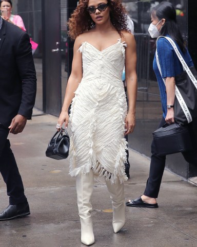 Tessa Thompson is seen in a white fringe Armani dress with black Armani bag outside ABC Studios in New York CityPictured: Tessa ThompsonRef: SPL5322257 270622 NON-EXCLUSIVEPicture by: Christopher Peterson / SplashNews.comSplash News and PicturesUSA: +1 310-525-5808London: +44 (0)20 8126 1009Berlin: +49 175 3764 166photodesk@splashnews.comWorld Rights