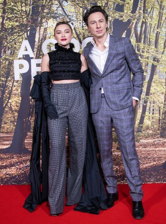 Zach Braff, right, and Florence Pugh pose for photographers upon arrival for the London premiere of their film 'A Good Person'. A Good Person Premiere, London, United Kingdom - 08 March 2023.