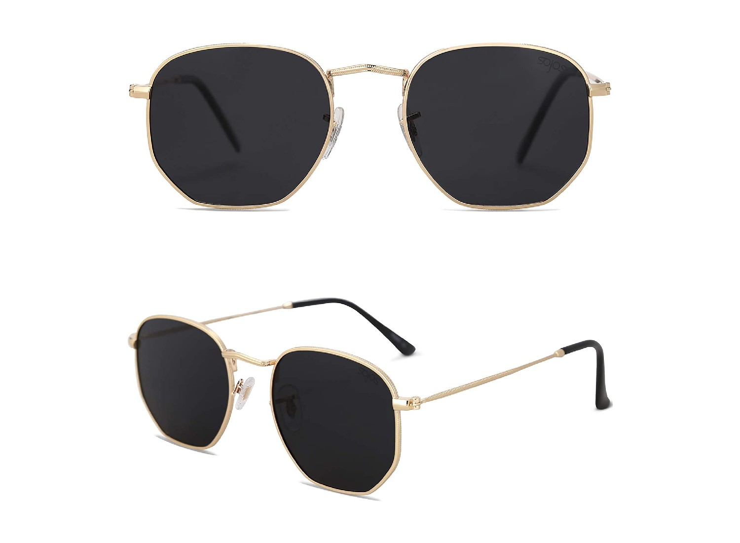 A pair of black sunglasses with gold frames shown from two different angles.