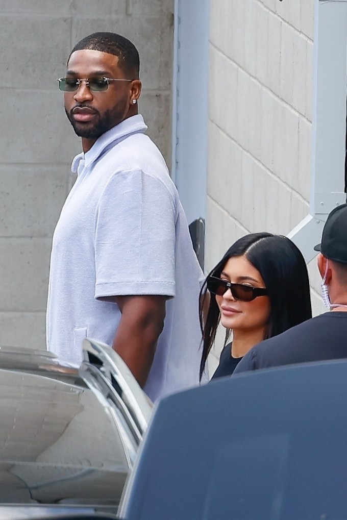Tristan Thompson appears to look at Kylie Jenner outside