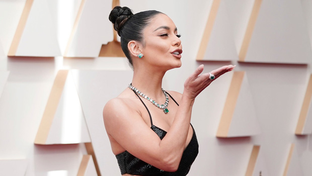 Vanessa Hudgens Looks Flawless In Plunging Black Dress With Thigh-High Slit