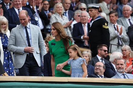 Editorial use onlyMandatory Credit: Photo by NEIL HALL/EPA-EFE/Shutterstock (14011352cp)(L-R) Britain's William Prince of Wales, Britain's Catherine Princess of Wales, and Britain's Princess Charlotte arrive for the Men's Singles final match against Carlos Alcaraz of Spain at the Wimbledon Championships, Wimbledon, Britain, 16 July 2023.Wimbledon Championships 2023 - Day 14, United Kingdom - 16 Jul 2023