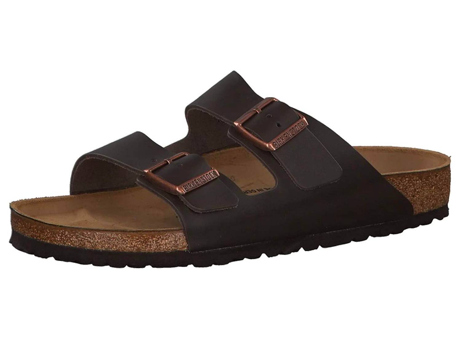 A dark brown Birkenstock Arizona soft footbed sandal