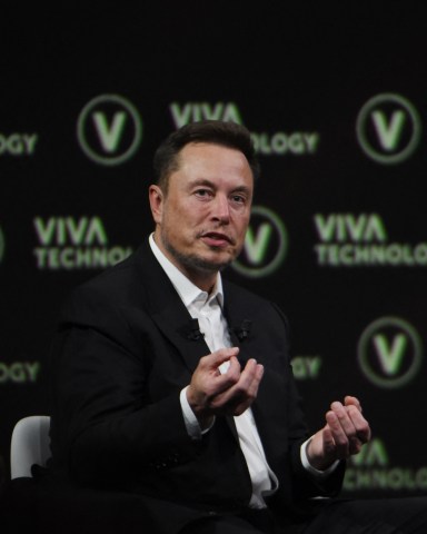 Elon Musk and Publicis Groupe Chairman Maurice Levy speaks during the Viva Technology (Vivatech) 2023 Fair in Paris France on June 16, 2023.
Elon Musk At The Viva Technology 2023 Fair - Paris, France - 16 Jun 2023