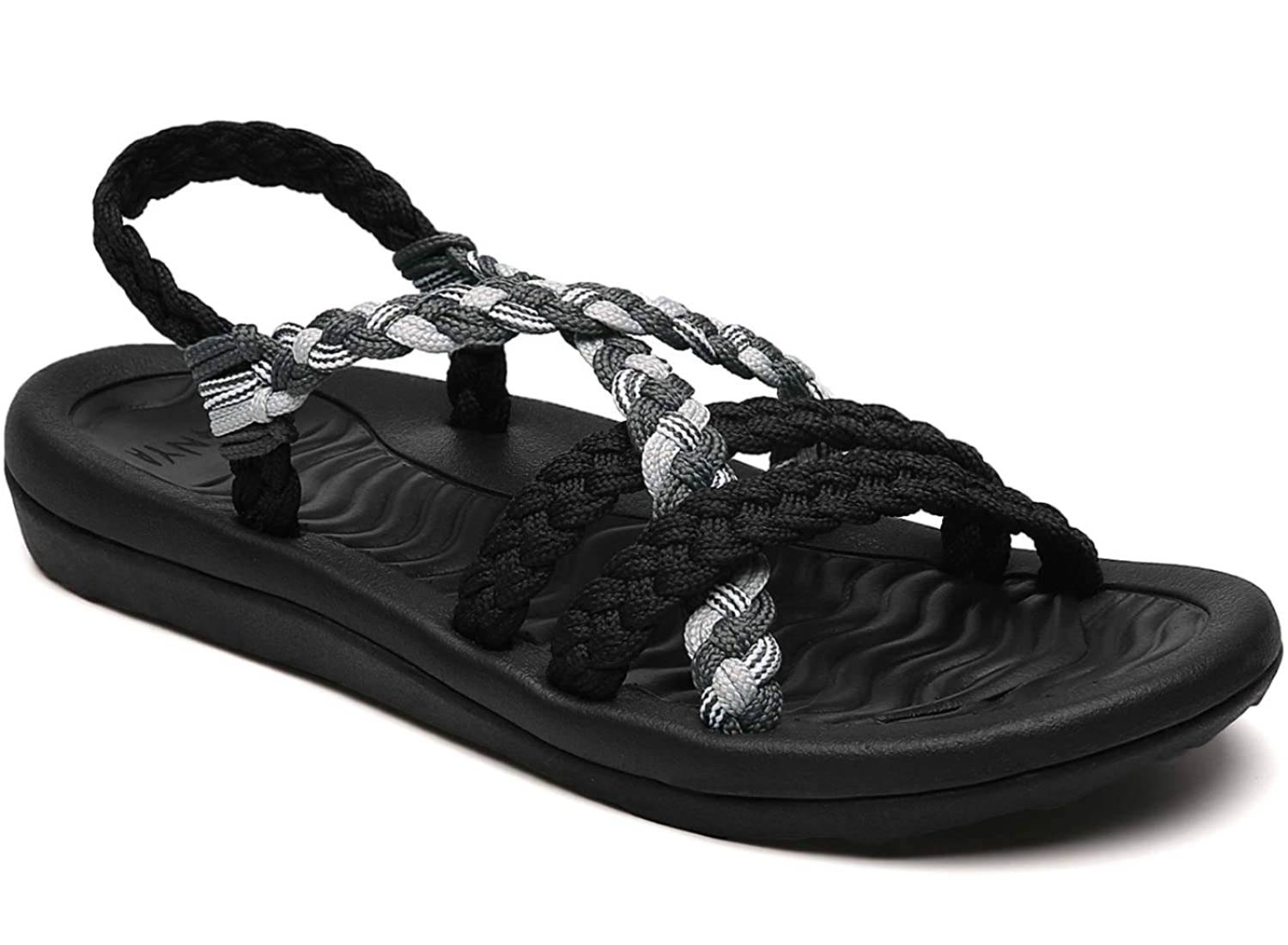 A black and grey braided sandal with all black soles