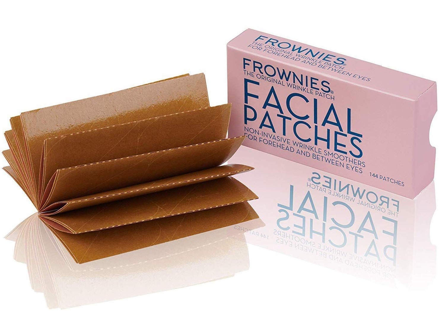 A fanned-out stack of brown Frownies facial patches and their pink storage box on a white background.