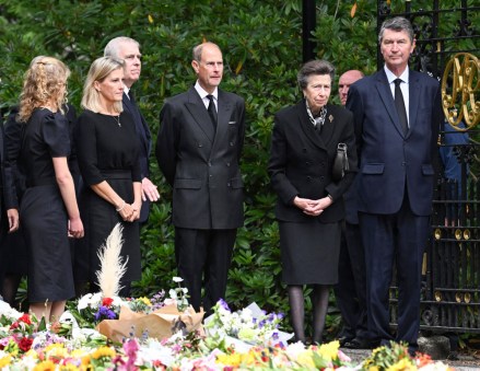 Members of the Royal family walk back from Crathie Kirk and examine floral tributes at the gates of Balmoral following the death of Queen Elizabeth II in Balmoral, Scotland, Britain, September 10, 2022. Lady Louise Windsor, Sophie, Countess of Wessex, Prince Andrew , Duke of York, Edward, Earl of Wessex, Princess Anne, Princess Royal and Vice Admiral Timothy Laurence.  10 Sep 2022 Pictured: Members of the Royal family walk back from Crathie Kirk and examine floral tributes at the gates of Balmoral following the death of Queen Elizabeth II in Balmoral, Scotland, Britain, September 10, 2022. Lady Louise Windsor, Sophie, Countess of Wessex, Prince Andrew, Duke of York, Edward, Earl of Wessex, Princess Anne, Princess Royal and Vice Admiral Timothy Laurence.  Photo credit: Mirrorpix / MEGA TheMegaAgency.com +1 888 505 6342 (Mega Agency TagID: MEGA894264_026.jpg) [Photo via Mega Agency]