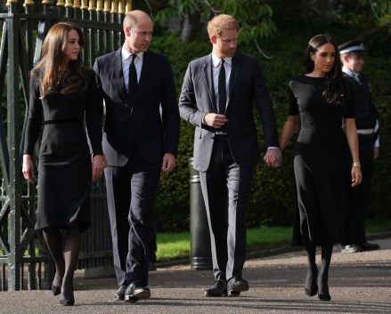 The Prince and Princess of Wales and The Duke and Duchess of Sussex view the tributes left after the Death of Queen Elizabeth II, at Windsor Castle, Windsor, Berkshire, UK, on ​​the 10th September 2022. 10 Sep 2022 Pictured: The Prince and Princess of Wales and The Duke and Duchess of Sussex view the tributes left after the Death of Queen Elizabeth II, at Windsor Castle, Windsor, Berkshire, UK, on ​​the 10th September 2022. Photo credit: James Whatling / MEGA TheMegaAgency.com +1 888 505 6342 (Mega Agency TagID: MEGA894272_004.jpg) [Photo via Mega Agency]