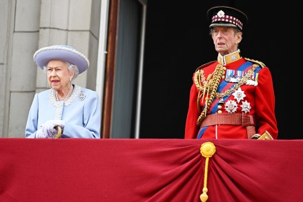 Queen Elizabeth II and Prince Edward, Duke of Kent
Trooping The Colour - The Queen's Birthday Parade, London, UK - 02 Jun 2022
The Queen, attends celebration marking her official birthday, during which she inspects troops from the Household Division as they march in Whitehall, before watching a fly-past from the balcony at Buckingham Palace. This year's event also marks The Queen's Platinum Jubilee and kicks off an extended bank holiday to celebrate the milestone.