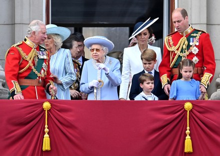 Prince Charles, Camilla Duchess of Cornwall, Queen Elizabeth II, Catherine Duchess of Cambridge, Prince George, Prince Louis, Princess Charlotte and Prince William
Trooping The Colour - The Queen's Birthday Parade, London, UK - 02 Jun 2022
The Queen, attends celebration marking her official birthday, during which she inspects troops from the Household Division as they march in Whitehall, before watching a fly-past from the balcony at Buckingham Palace. This year's event also marks The Queen's Platinum Jubilee and kicks off an extended bank holiday to celebrate the milestone.