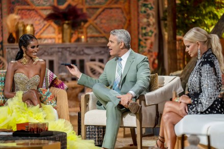 THE REAL HOUSEWIVES OF DUBAI -- "Reunion" -- Pictured: (l-r) Chanel Ayan, Andy Cohen, Caroline Stanbury -- (Photo by: Zach Dilgard/Bravo)