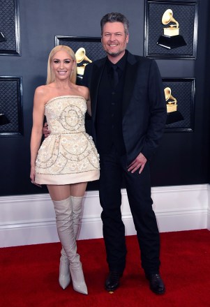 Gwen Stefani, Blake Shelton.  Gwen Stefani, left, and Blake Shelton arrive at the 62nd Annual Grammy Awards at the Staples Center, in Los Angeles 62nd Annual Grammy Awards - Arrivals, Los Angeles, USA - Jan 26, 2020
