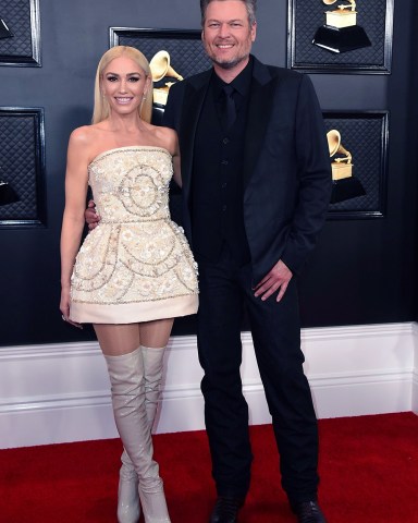 Gwen Stefani, Blake Shelton. Gwen Stefani, left, and Blake Shelton arrive at the 62nd annual Grammy Awards at the Staples Center, in Los Angeles
62nd Annual Grammy Awards - Arrivals, Los Angeles, USA - 26 Jan 2020