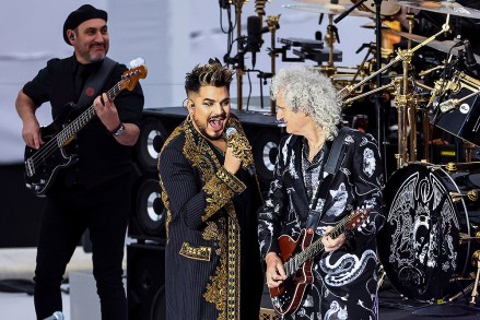 Adam Lambert performs with Queen guitarist Brian May during the Platinum Jubilee concert taking place in front of Buckingham Palace, London, on the third of four days of celebrations to mark the Platinum Jubilee. The events over a long holiday weekend in the U.K. are meant to celebrate Queen Elizabeth II's 70 years of service
Platinum Jubilee, London, United Kingdom - 04 Jun 2022