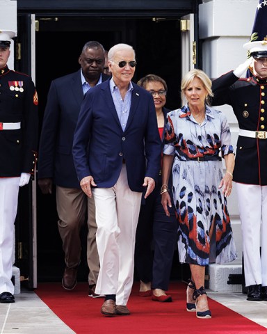 US President Joe Biden, First Lady Jill Biden, Lloyd Austin, US secretary of defense, and Charlene Austin arrive during a Fourth of July event on the South Lawn of the White House in Washington, DC, USA, 04 July 2023. Biden is hosting the event for military and veteran families, caregivers, and survivors to celebrate Independence Day.
Fourth of July event on the South Lawn of the White House, Washington, USA - 04 Jul 2023