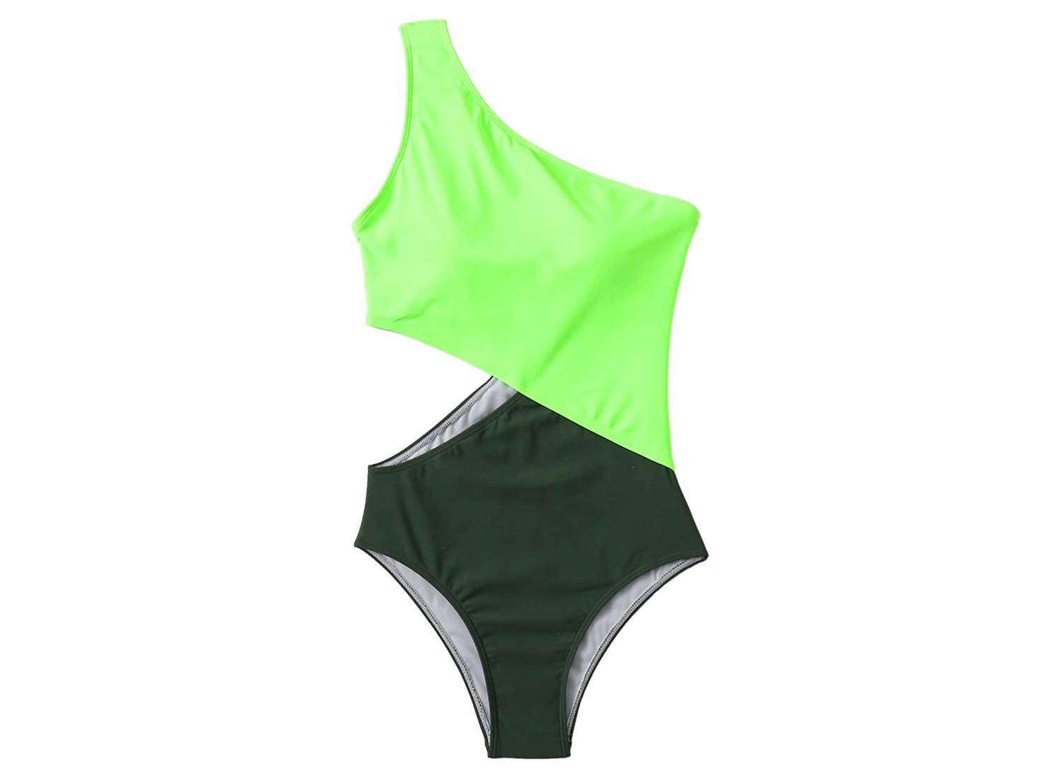 A one piece neon and dark green one shoulder cutout swimsuit