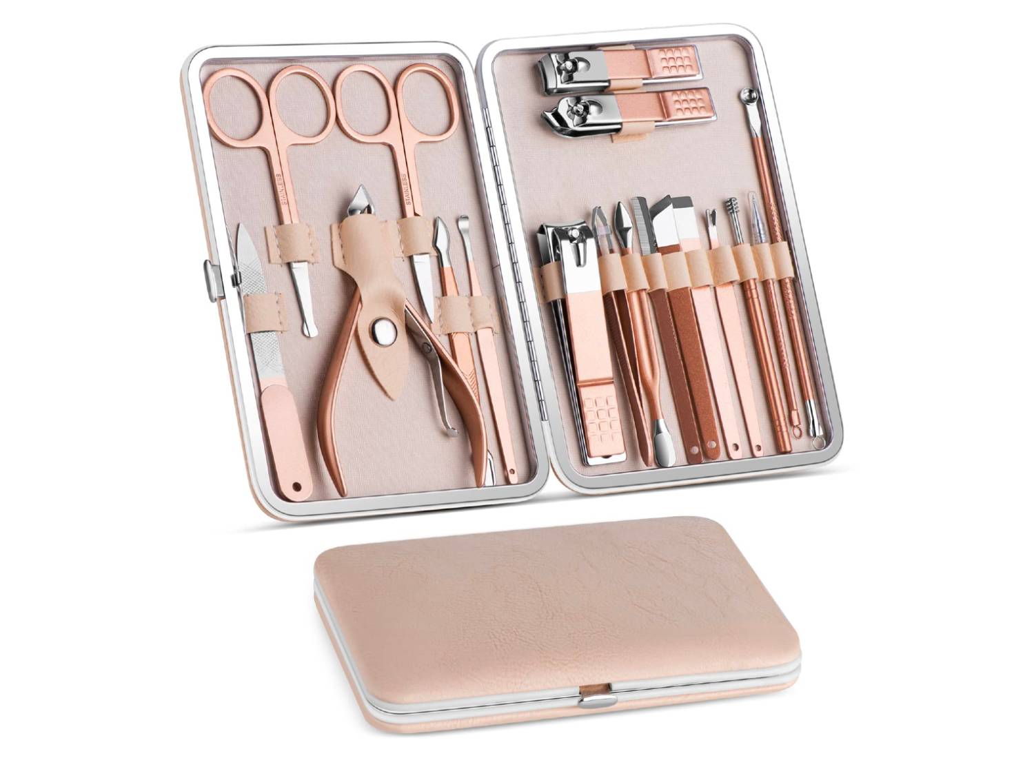 Rose gold Vabogu manicure set with 18 different tools in a carrying kit