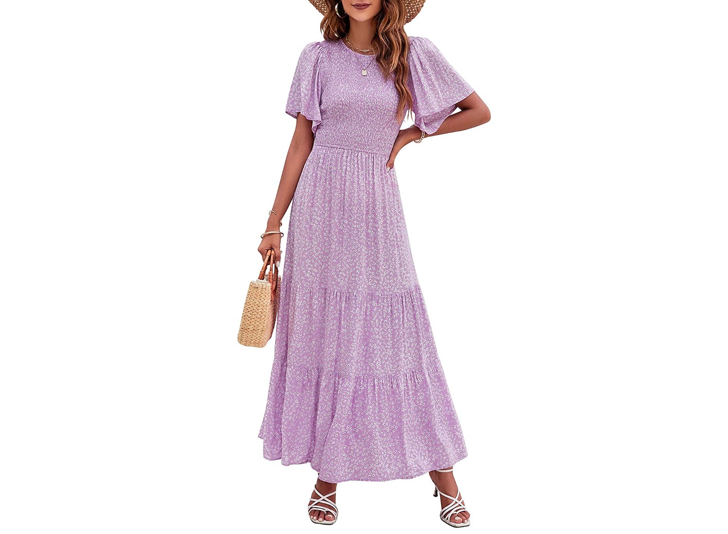 A woman wearing a purple Zesica dress.