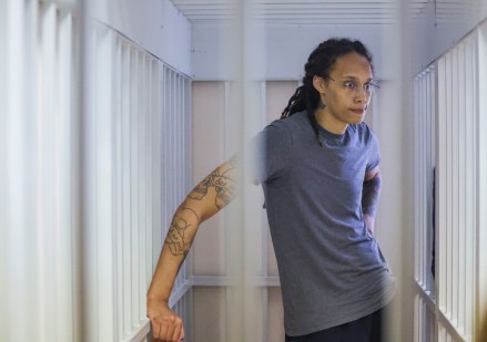 U.S. basketball player Brittney Griner stands inside a defendants' cage during a court hearing in Khimki outside Moscow, Russia , 04 August 2022. The Khimki City Court reportedly had extended Griner's detention for the duration of her trial on charges of drug smuggling that started on 01 July. Griner, a World Champion player of the WNBA's Phoenix Mercury team was arrested in February at Moscow's Sheremetyevo Airport after some hash oil was detected and found in her luggage, for which she now could face a prison sentence of up to ten years.
US basketball player Brittney Griner attends hearing on drug charges, Khimki, Russian Federation - 04 Aug 2022