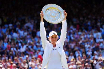 Elena Rybakina holds aloft the Rosewater Dish after victory in Ladies' Singles Final
Wimbledon Tennis Championships, Day 13, The All England Lawn Tennis and Croquet Club, London, UK - 09 Jul 2022