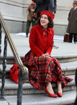 Rachel Brosnahan pictured in a stunning red outfit filming scenes at "The Marvelous Mrs Maisel" set around the Rockefeller Plaza in Uptown, Manhattan.Pictured: Rachel BrosnahanRef: SPL5300263 290322 NON-EXCLUSIVEPicture by: Jose Perez / SplashNews.comSplash News and PicturesUSA: +1 310-525-5808London: +44 (0)20 8126 1009Berlin: +49 175 3764 166photodesk@splashnews.comWorld Rights
