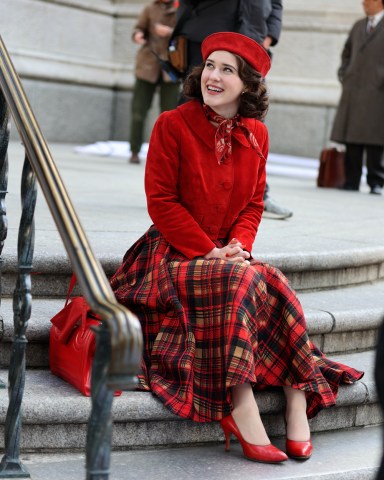 Rachel Brosnahan pictured in a stunning red outfit filming scenes at "The Marvelous Mrs Maisel" set around the Rockefeller Plaza in Uptown, Manhattan.Pictured: Rachel BrosnahanRef: SPL5300263 290322 NON-EXCLUSIVEPicture by: Jose Perez / SplashNews.comSplash News and PicturesUSA: +1 310-525-5808London: +44 (0)20 8126 1009Berlin: +49 175 3764 166photodesk@splashnews.comWorld Rights
