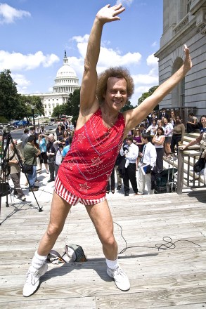 Richard Simmons leads a group of Capitol Hill staffers and tourists in an exercise routine.Exercise Guru, Richard Simmons promoting programmes to fight obesity, Washington DC, America - 24 Jul 2008American fitness guru Richard Simmons brought his own brand of fitness to Washington after testifying before the House Education Committee on childhood obesity. The 60-year-old would like to see the government doing more to tackle the issue of childhood obesity and is also pushing for increased school exercise programs. "Our children today will not live as long as their parents. What have we done? What have we done to the kids of the United States of America! This is wrong! And I will dedicate the rest of my life!" he said; adding that not everyone can be an athlete but everyone can be fit, he said schools need to hire certified fitness instructors. While giving his testimony Simmons, who hinted that he may even run for office, was dressed in a smart black suit. However, he then quickly changed into a more familiar outfit of tiny striped shorts and red top to give an impromptu fitness session outside.