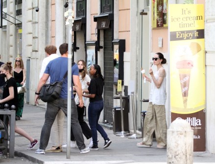 Rome, ITALY  - *EXCLUSIVE*  - Taking a break from her directorial duties on set for her new project 'Without Blood', the Hollywood Actress Angelina Jolie enjoys an ice cream out in the eternal city of Rome.Angelina was spotted with her daughters Shiloh, Vivienne, and Zahara during the sweltering heat in the Italian capital after visiting the Historical landmark the Catacombs of St. Callixtus and looked relaxed out with her girls on the family outing.Pictured: Angelina JolieBACKGRID USA 5 JULY 2022 BYLINE MUST READ: Cobra Team / BACKGRIDUSA: +1 310 798 9111 / usasales@backgrid.comUK: +44 208 344 2007 / uksales@backgrid.com*UK Clients - Pictures Containing ChildrenPlease Pixelate Face Prior To Publication*