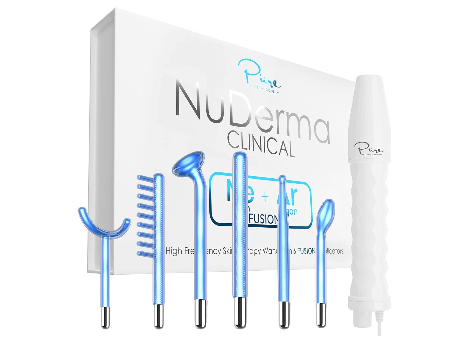 A NuDerma skincare therapy wand set in front of its packaging.