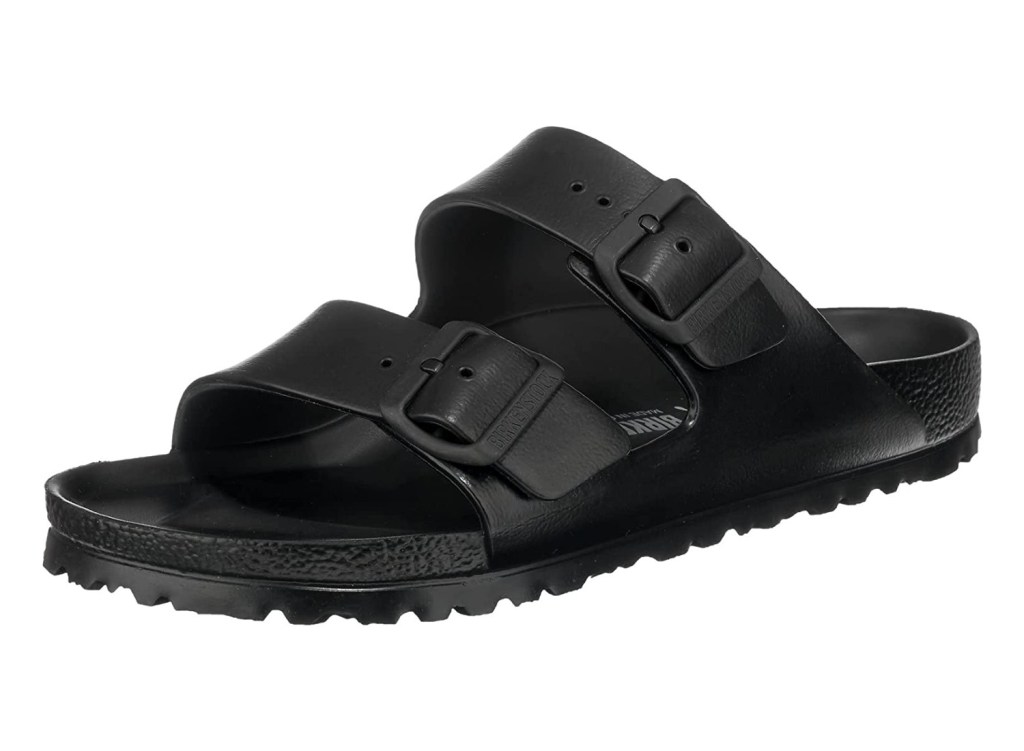 A black Birkenstock sandal on a white background.