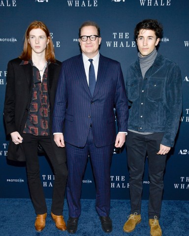 Actor Brendan Fraser, center, poses with his sons Leland Fraser, left, and Holden Fraser attend the premiere of "The Whale" at Alice Tully Hall, in New York
NY Premiere of "The Whale", New York, United States - 29 Nov 2022