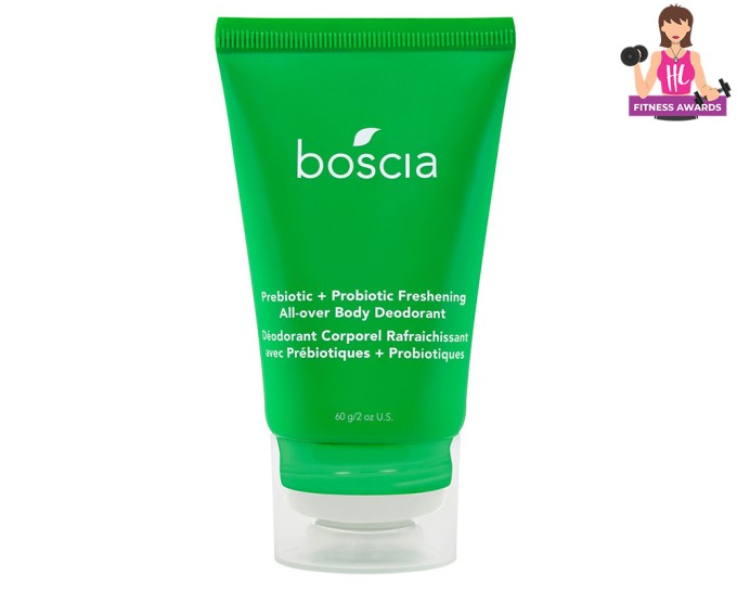 Best Gym Bag Essentials – Boscia Prebiotic + Probiotic Freshening All-Over Body Deodorant, $25, boscia.com
