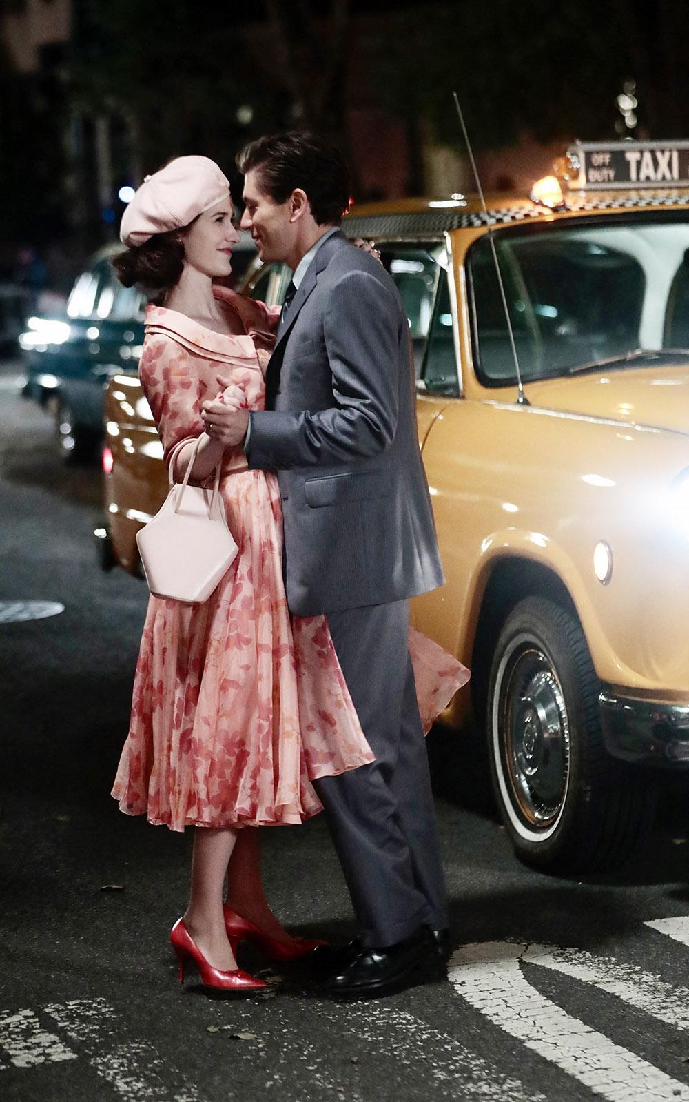 Rachel Brosnahan, Michael Zegan on the set of “The Marvelous Mrs Maisel" in NYC