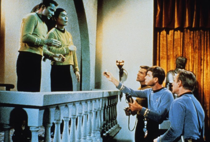 William Shatner, George Takei, and Deforest Kelley on an episode
