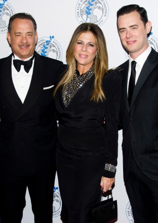 Honoree Tom Hanks, left, Rita Wilson and Colin Hanks attend The Elie Wiesel Foundation For Humanity's Arts for Humanity Gala on in New York Arts for Humanity Gala, New York, USA