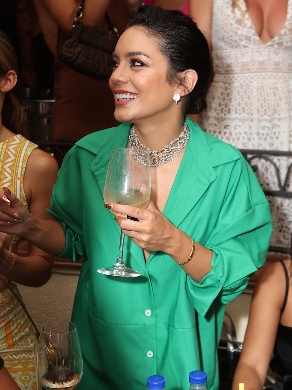 Vanessa Hudgens  spotted having a laugh and some wine on a night out at  Taverna Anema e Core in Capri