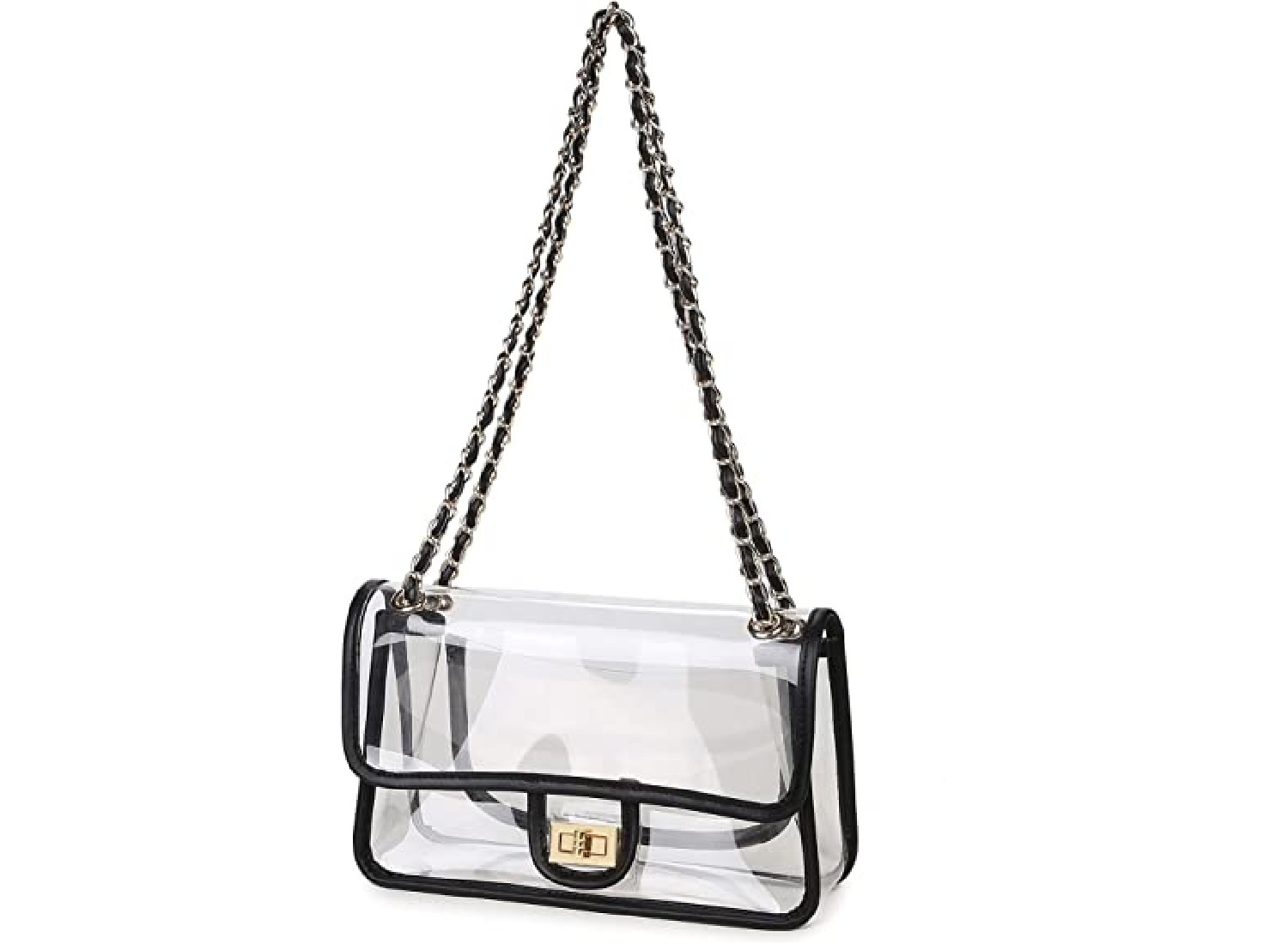 A clear bag with a golden clasp.
