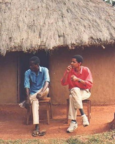 Barack Obama smoking with a relative
Undated collect photo of Barack Obama smoking in front his family's hut in Kenya, Africa
Quitting smoking just before heading into the most stressful period of your life is no easy task to do. But that is exactly what Barack Obama attempted to do before launching his presidential campaign. Considering the months of campaigning and constant pressure it is little surprise that the now president-elect found the task a difficult one - allegedly giving into temptation on several occasions. However, the soon to be president is now apparently nicotine free after winning the battle. The then senator first announced his decision to quit in 2007, in order to please his wife Michelle, while on the David Letterman Show. Of course how he appeared to the American public, who might be wary of a President addicted to cigarettes, was no doubt powerful motivation too.