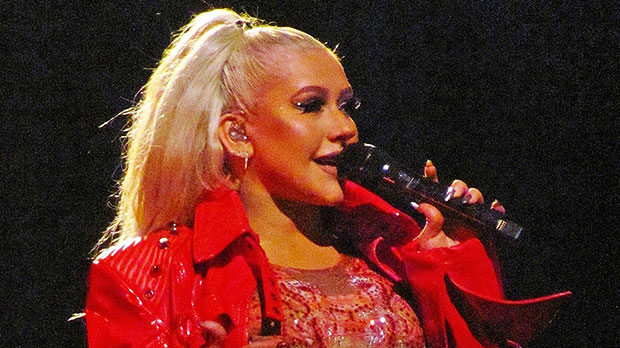 Christina Aguilera Is Red Hot In A Sparkly Lace Bodysuit & Latex Trench For London Show: Photos