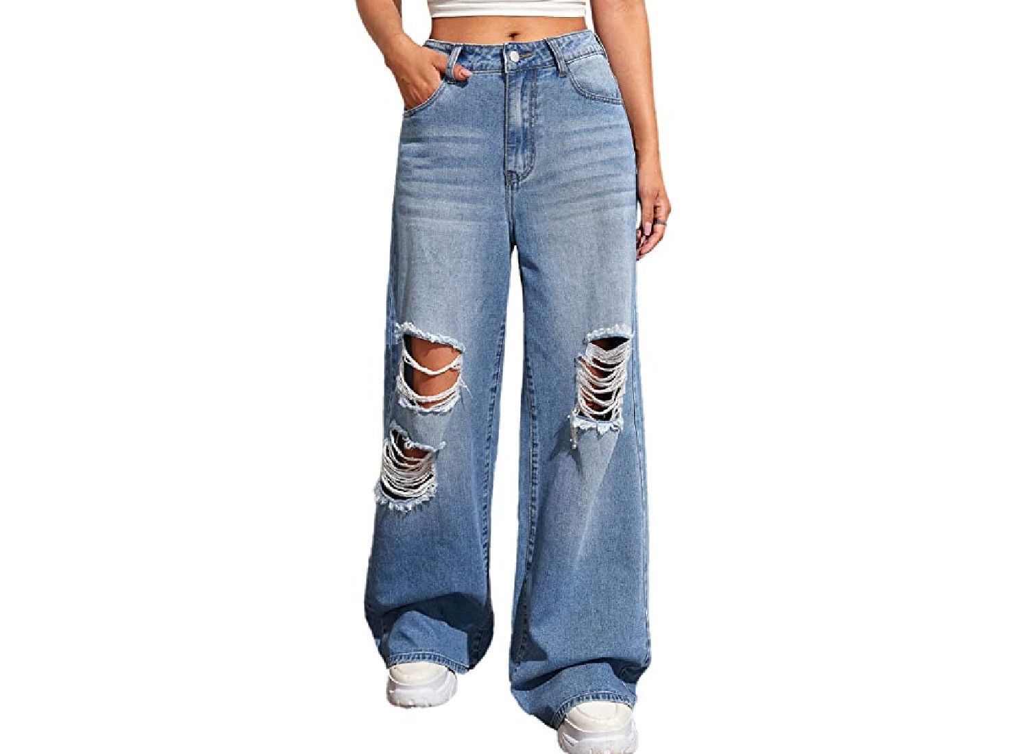 A pair of relaxed, torn jeans.