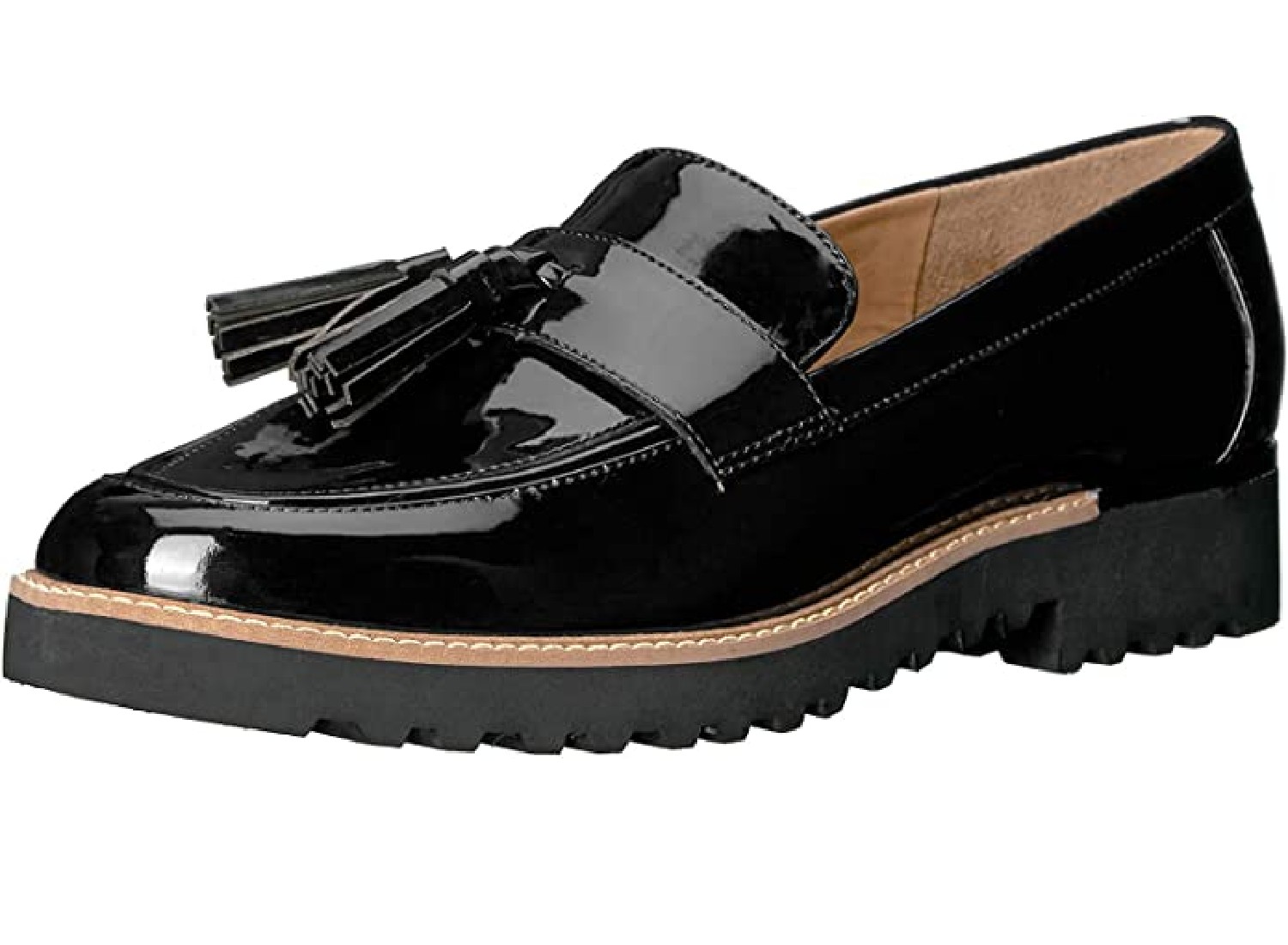 A stylish black loafer.