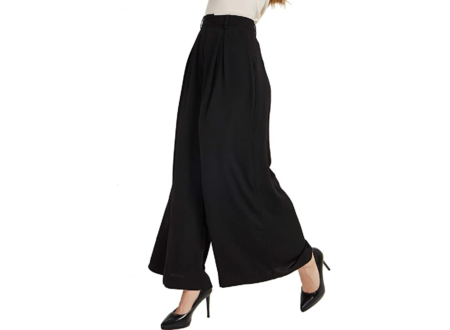 Loose-fitting, black palazzo pants.