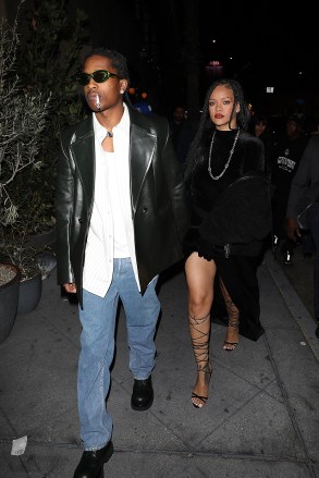 West Hollywood, CA - *EXCLUSIVE* - Rihanna and ASAP Rocky hold hands as they are spotted going to The Fleur Room lounge to party for ASAP's whisky brand Mercer & Prince in West Hollywood. The party was hosted by ASAP Rocky and Whalecard. Rapper ASAP is wearing blue jeans, black dress shoes, a white buttoned up dress shirt and a black leather jacket while smoking a cigarette. Singer Rihanna is dressed in all black as she shows off her braided hair for the event. Pictured: Rihanna, ASAP Rocky BACKGRID USA 12 NOVEMBER 2022 USA: +1 310 798 9111 / usasales@backgrid.com UK: +44 208 344 2007 / uksales@backgrid.com *UK Clients - Pictures Containing Children Please Pixelate Face Prior To Publication*