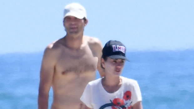 Ashton Kutcher Plays Football On The Beach Shirtless With Mila Kunis After Health Scare