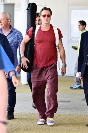Venice, ITALY - *EXCLUSIVE* - Brad Pitt is seen ahead of the 79th Venice International Film Festival in Venice, Italy.  Angelina Jolie was said to have sued Brad Pitt for $250 million over French winery: 'Clause of silence signed' UNITED: +44 208 344 2007 / uksales@backgrid.com*UK customers - Photos containing childrenPlease pixelate the face before publishing*