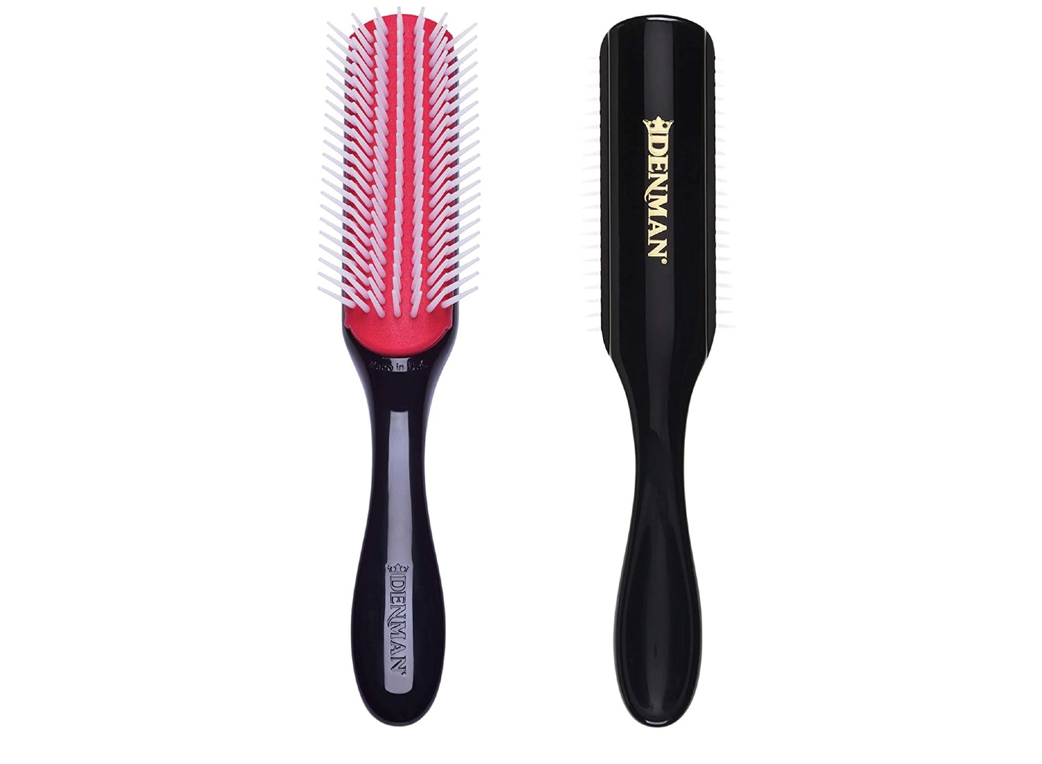 A red and black hairbrush.